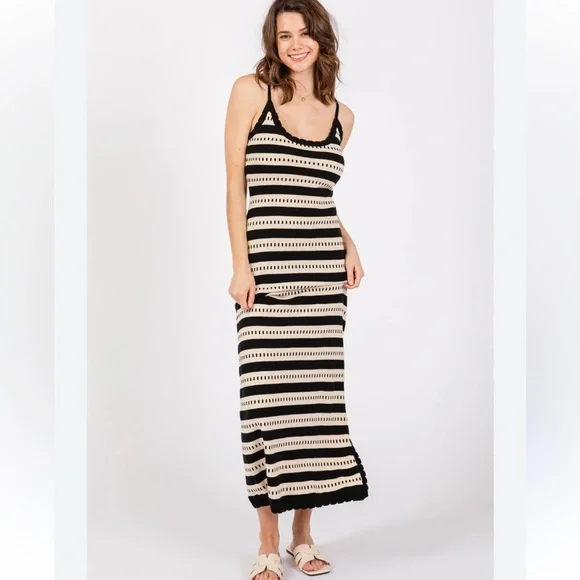 Lalavon🖤🤎 Black and cream tan Striped Knit Maxi midi Dress NWOT - Picture 3 of 15